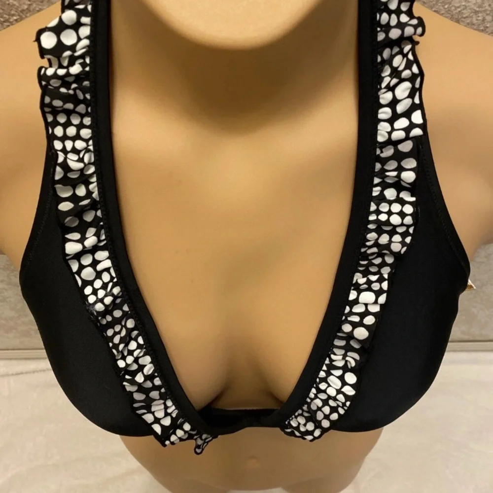 Beach Couture Black and White Polka Dot Halter Bikini Top